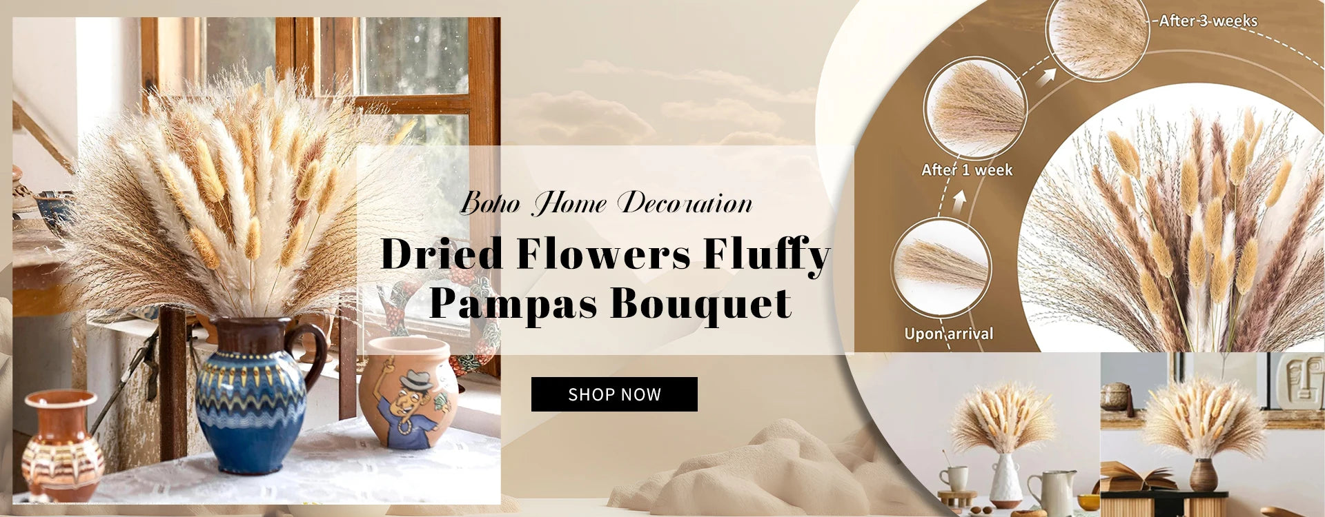 🍂 Feathered Elegance - Natural Handcrafted Dried Bouquet of Pampas, Reed & Rabbit Tail Grass